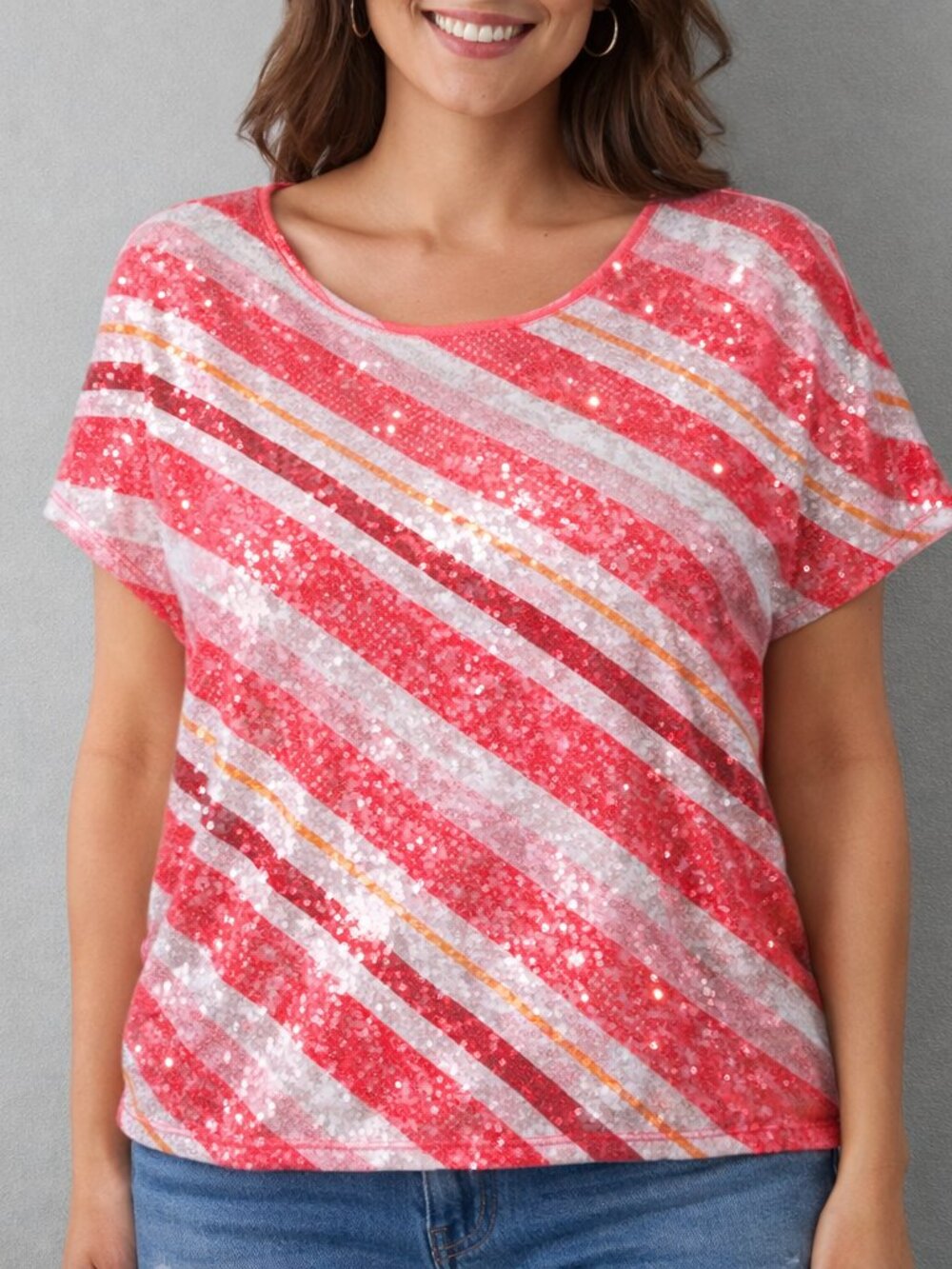 Faded Glory Red and Cream Sequin front Striped Blouse top plus size 3X 22-24